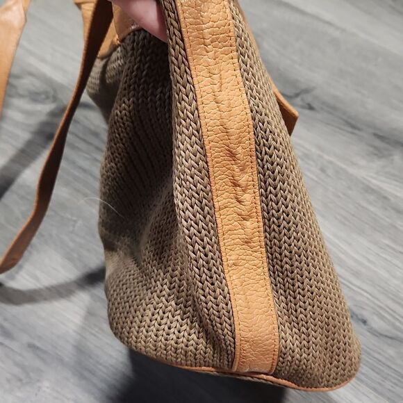 Vintage RARE Brio Taupe/Olive Knit Camel Leather Drawstring Bucket Satchel - Picture 15 of 16